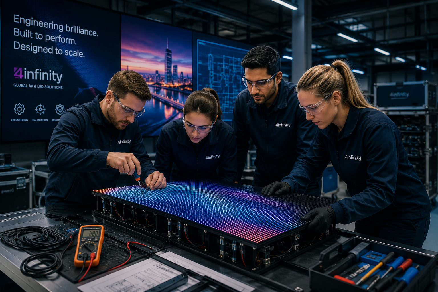 Technician maintaining a commercial LED display